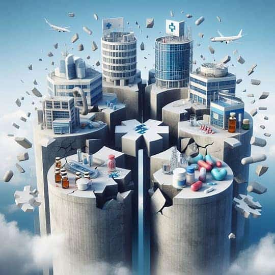 Fragmented pill bottle buildings with medical symbols break apart, scattering medical supplies. Two airplanes fly in the background against a cloudy sky, illustrating systems thinking principles.