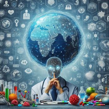 A scientist with a digital globe representing data and connections above their head, surrounded by lab equipment, fruits, and vegetables in a backdrop filled with science-related icons, showcases the power of systems thinking tools in addressing global health challenges.