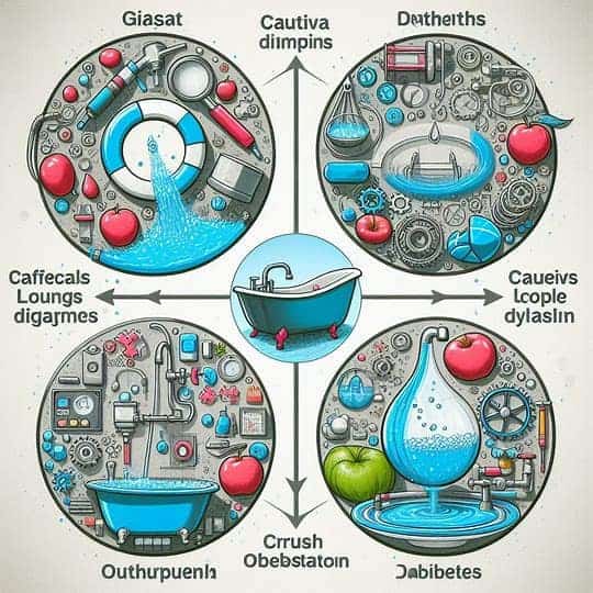 A circular infographic illustrating how various organs such as the heart, stomach, kidneys, and blood sugar levels are cleansed by drinking water. Each section shows related icons and systems, offering insights into how proper hydration can also help manage obesity and diabetes.