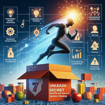 A futuristic figure runs out of an open box with interconnected icons surrounding it, illustrating concepts like innovation, collaboration, and leadership, with the text, "Unleash secret benefits and value of systems thinking tools.