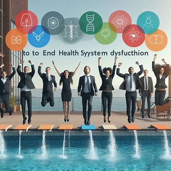 A group of business professionals in suits jump joyfully by a poolside patio. Above them are colorful scientific icons and the text, "to End Health System Dysfunction through Upstream Leadership.