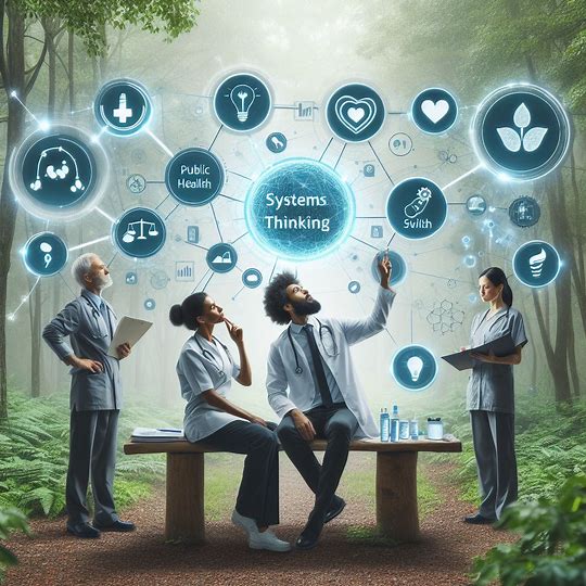 Four medical professionals in a forest discuss "Systems Thinking," surrounded by icons representing SHELDR, public health, well-being, and healthcare. They use charts and digital interfaces to visualize concepts.