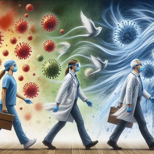 Three healthcare workers wearing masks and gloves walk determinedly past illustrated virus particles and doves, symbolizing the battle against the pandemic and hope for recovery, employing systems thinking tools to address the complexities of healthcare challenges.