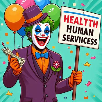 A clown in a suit and hat holds cash and a sign reading "HEALTTH HUMAN SERVIICESS," with balloons and confetti in the background, embodying a bizarre yet strategic mindset.