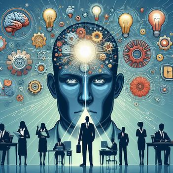 Illustration of a man with a glowing brain surrounded by gears, lightbulbs, and people working on laptops, symbolizing ideas, creativity, teamwork, and critical thinking strategies.