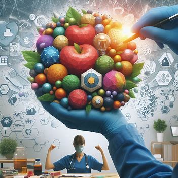 A gloved hand holding a digitally-rendered, colorful fruit cluster with scientific diagrams in the background. A person in a lab coat and mask sits at a desk, raising their arms in the foreground, lost in imaginative thought.