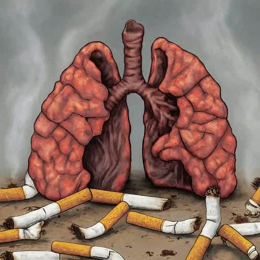 Illustration of discolored, unhealthy human lungs amidst numerous scattered cigarette butts on the ground, symbolizing the harmful effects of smoking and the lack of strategic thinking in health choices.