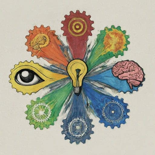 Illustration of a lightbulb surrounded by colorful, gear-shaped petals; each petal contains different symbols—an eye, fiery explosions, a brain, water, sun, and atomic structures—depicting strategic elements of innovative thinking.