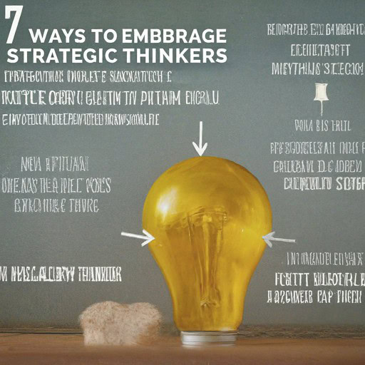 A graphic titled "7 Ways to Embrace Strategic Thinkers" features a large lightbulb in the center with text surrounding it, set against a chalkboard background. The text is written in a stylized, cryptic font, emphasizing the strategy behind fostering strategic minds.