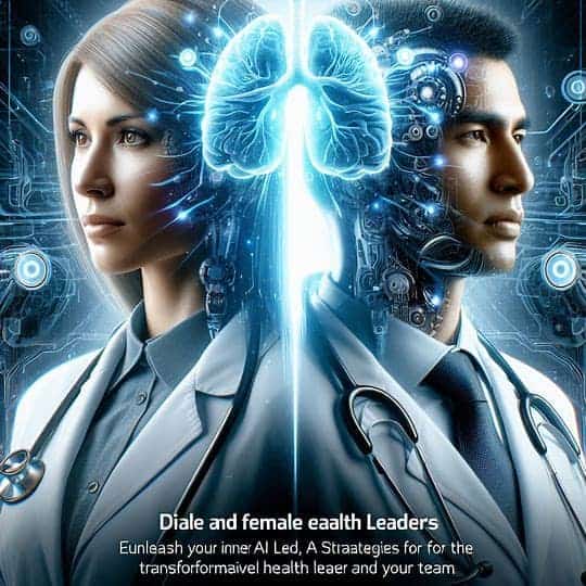 A male and female doctor in lab coats stand side by side, with a digital brain illustration between them. The text below describes AI strategies for health leadership led by innovative AI leaders.