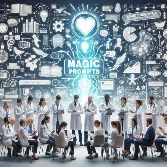 A group of doctors in lab coats stand and sit in a semi-circle, consulting notes and tablets. Behind them is a large digital display with scientific icons and the text "MAGIC PROMPTS," highlighting the integration of ChatGPT technology in their research.