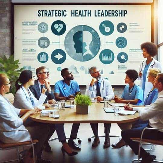 A group of Strategic Health Leaders (SHELDR) sits around a table in a meeting room, discussing strategic health leadership. A large diagram on the wall behind them illustrates various health leadership concepts.