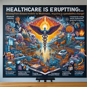 Intricate health-themed illustration with text "HEALTHCARE IS ERUPTING." Features symbols such as a caduceus, healthcare workers, technology, and monetary symbols, highlighting the future transformation in healthcare.