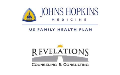 Logos for Johns Hopkins Medicine US Family Health Plan and Revelations Counseling & Consulting, highlighting their dedication to health and wellbeing.